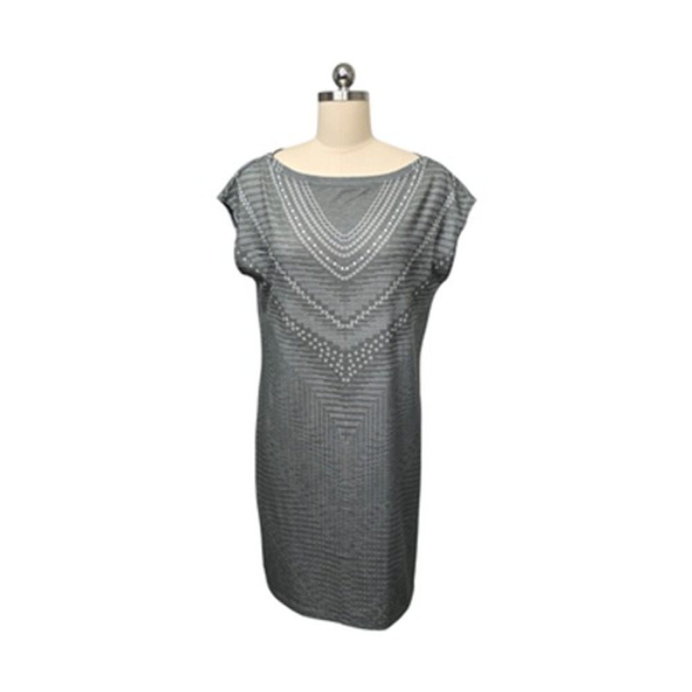 prAna Dress Womens Medium Gray Geometric Dot Print Stretch Shift Boat Neck Tunic